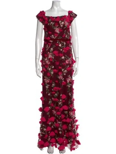 Pre-owned Marchesa Notte Floral Print Long Dress In Red