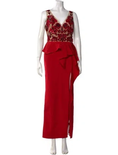 Pre-owned Marchesa Notte Floral Print Long Dress In Red