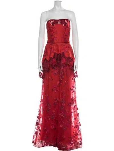 Pre-owned Marchesa Notte Floral Print Long Dress In Red