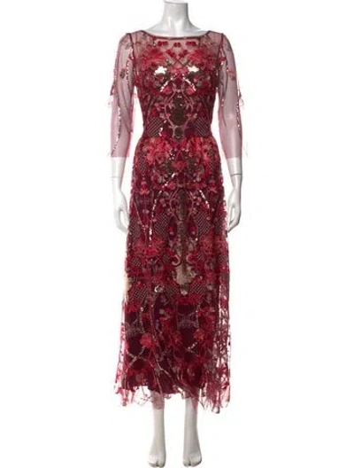 Pre-owned Marchesa Notte Floral Print Long Dress In Red