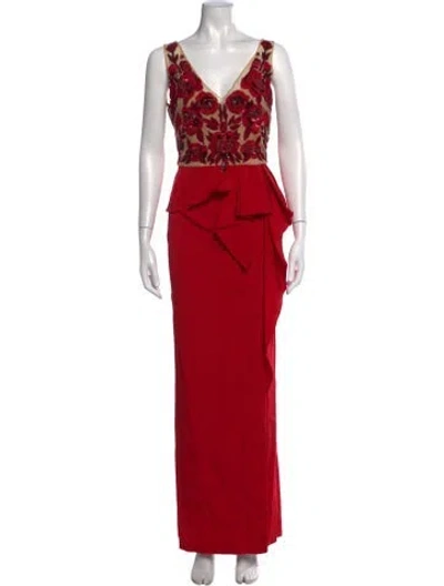 Pre-owned Marchesa Notte Floral Print Long Dress In Red