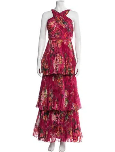 Pre-owned Marchesa Notte Floral Print Long Dress In Red