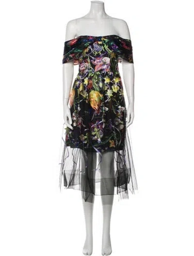 Pre-owned Marchesa Notte Floral Print Long Dress W/ Tags In Black
