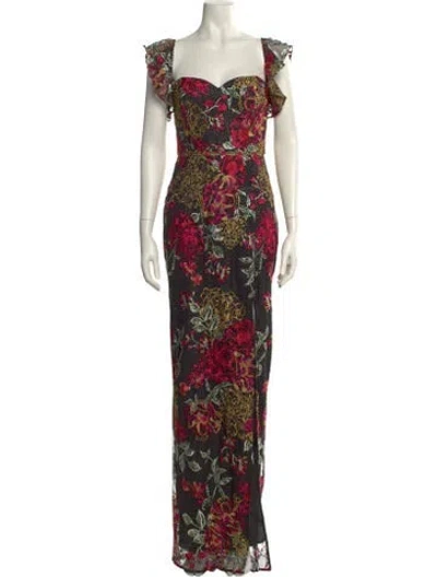 Pre-owned Marchesa Notte Floral Print Long Dress W/ Tags In Black