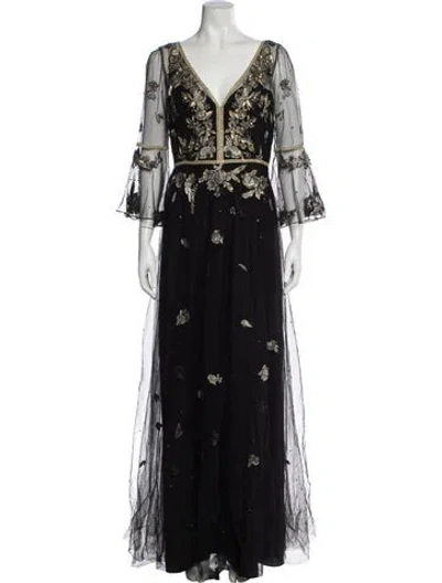 Pre-owned Marchesa Notte Floral Print Long Dress W/ Tags In Black