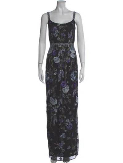 Pre-owned Marchesa Notte Floral Print Long Dress W/ Tags In Black