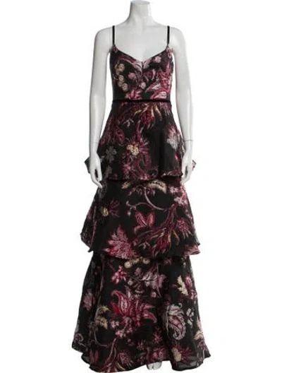 Pre-owned Marchesa Notte Floral Print Long Dress W/ Tags In Black