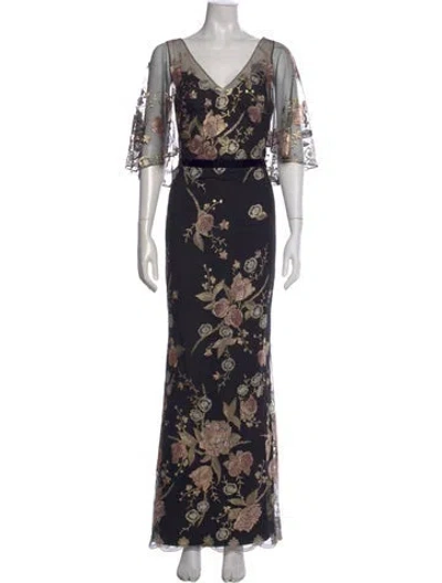 Pre-owned Marchesa Notte Floral Print Long Dress W/ Tags In Black