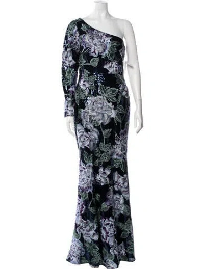 Pre-owned Marchesa Notte Floral Print Long Dress W/ Tags In Black