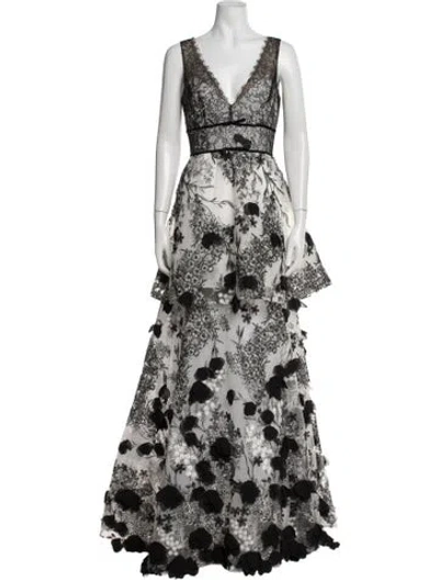 Pre-owned Marchesa Notte Floral Print Long Dress W/ Tags In Black