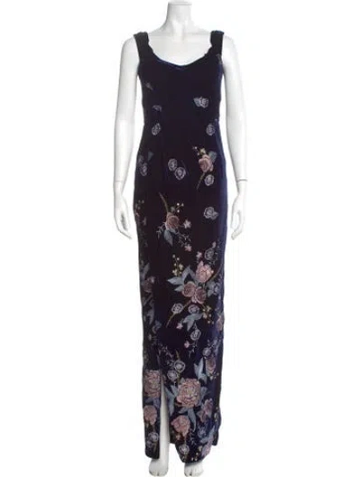 Pre-owned Marchesa Notte Floral Print Long Dress W/ Tags In Blue