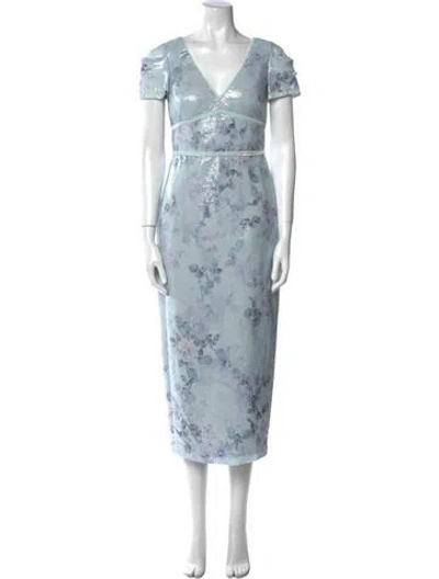 Pre-owned Marchesa Notte Floral Print Long Dress W/ Tags In Blue