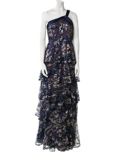 Pre-owned Marchesa Notte Floral Print Long Dress W/ Tags In Blue