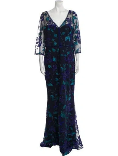 Pre-owned Marchesa Notte Floral Print Long Dress W/ Tags In Blue