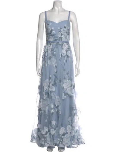 Pre-owned Marchesa Notte Floral Print Long Dress W/ Tags In Blue