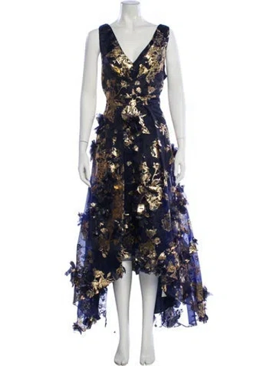Pre-owned Marchesa Notte Floral Print Long Dress W/ Tags In Blue