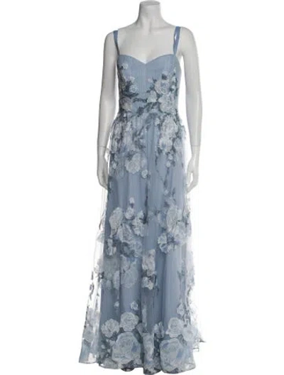 Pre-owned Marchesa Notte Floral Print Long Dress W/ Tags In Blue