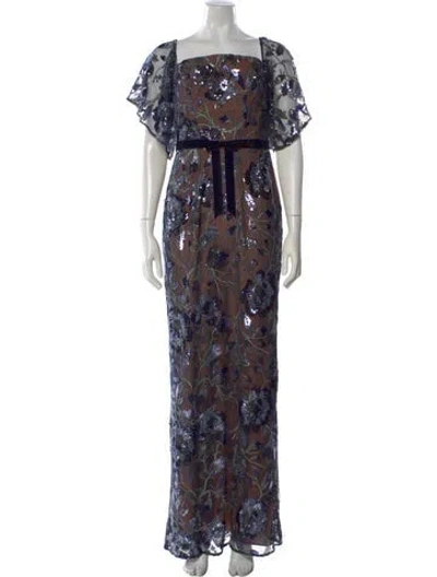 Pre-owned Marchesa Notte Floral Print Long Dress W/ Tags In Blue