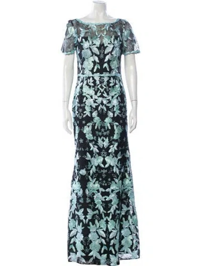 Pre-owned Marchesa Notte Floral Print Long Dress W/ Tags In Blue