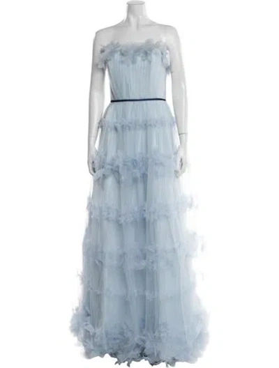 Pre-owned Marchesa Notte Floral Print Long Dress W/ Tags In Blue