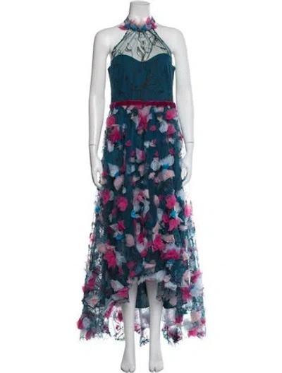 Pre-owned Marchesa Notte Floral Print Long Dress W/ Tags In Blue