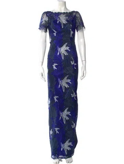 Pre-owned Marchesa Notte Floral Print Long Dress W/ Tags In Blue