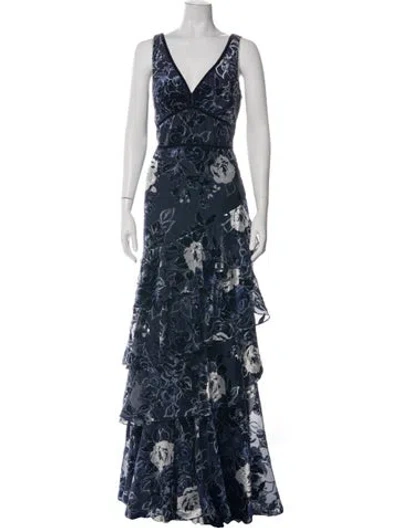 Pre-owned Marchesa Notte Floral Print Long Dress W/ Tags In Blue