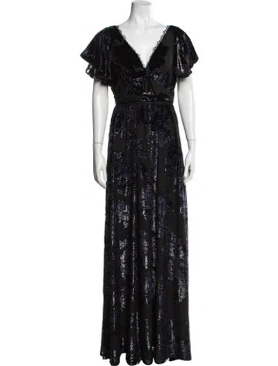 Pre-owned Marchesa Notte Floral Print Long Dress W/ Tags In Blue