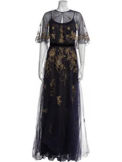 Pre-owned Marchesa Notte Floral Print Long Dress W/ Tags In Blue