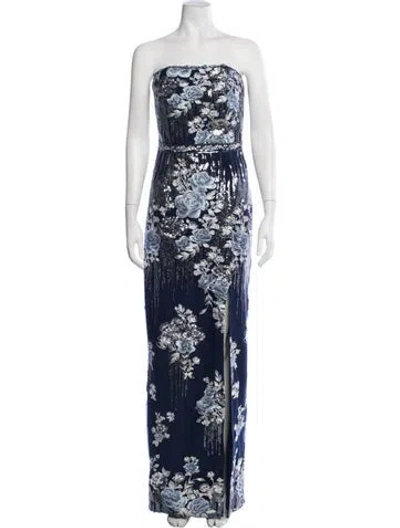 Pre-owned Marchesa Notte Floral Print Long Dress W/ Tags In Blue