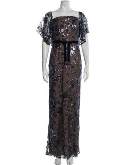 Pre-owned Marchesa Notte Floral Print Long Dress W/ Tags In Blue