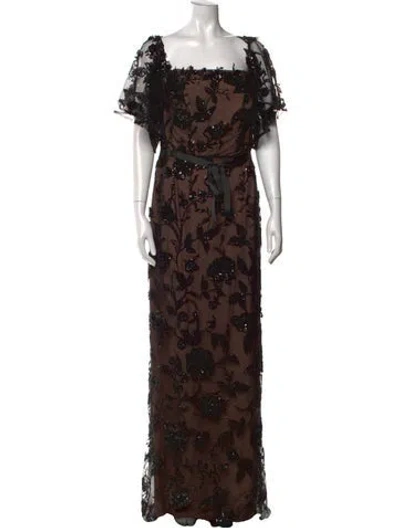 Pre-owned Marchesa Notte Floral Print Long Dress W/ Tags In Brown