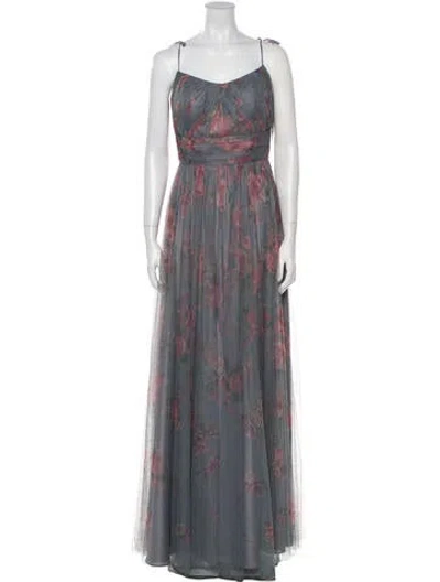Pre-owned Marchesa Notte Floral Print Long Dress W/ Tags In Gray