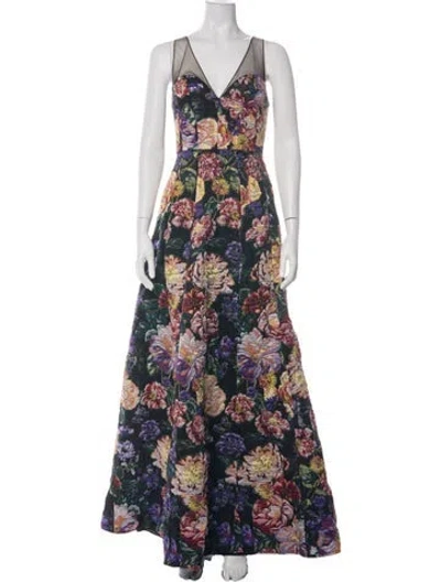 Pre-owned Marchesa Notte Floral Print Long Dress W/ Tags In Green
