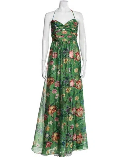 Pre-owned Marchesa Notte Floral Print Long Dress W/ Tags In Green