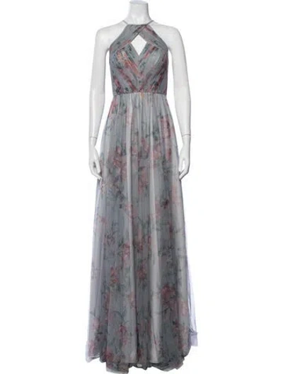 Pre-owned Marchesa Notte Floral Print Long Dress W/ Tags In Grey