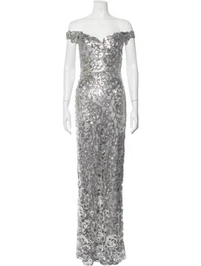 Pre-owned Marchesa Notte Floral Print Long Dress W/ Tags In Grey/silver