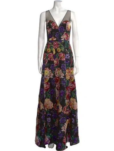 Pre-owned Marchesa Notte Floral Print Long Dress W/ Tags In Red