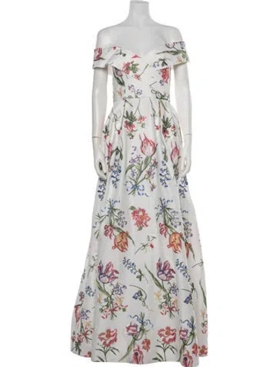 Pre-owned Marchesa Notte Floral Print Long Dress W/ Tags In White