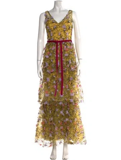 Pre-owned Marchesa Notte Floral Print Long Dress W/ Tags In Yellow