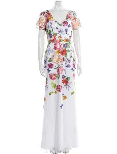 Pre-owned Marchesa Notte Floral Print Long Dress In White