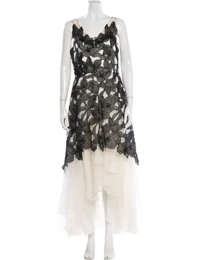 Pre-owned Marchesa Notte Floral Print Long Dress In White