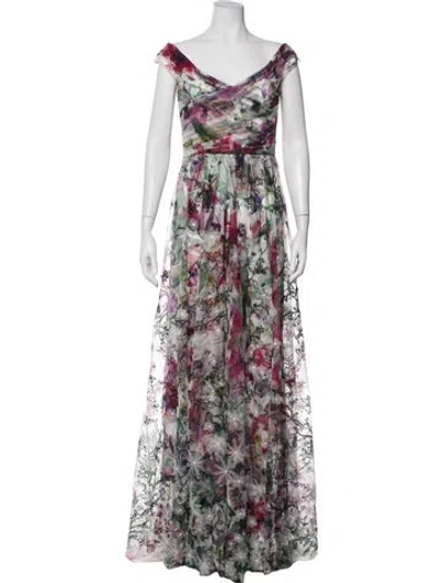 Pre-owned Marchesa Notte Floral Print Long Dress In White