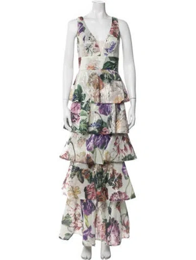 Pre-owned Marchesa Notte Floral Print Long Dress In White