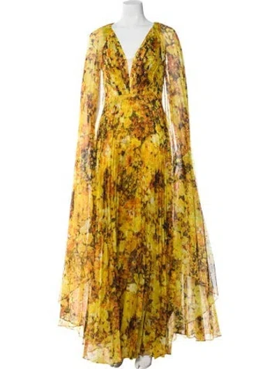Pre-owned Marchesa Notte Floral Print Long Dress In Yellow