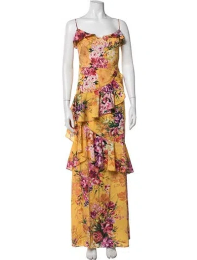 Pre-owned Marchesa Notte Floral Print Long Dress In Yellow