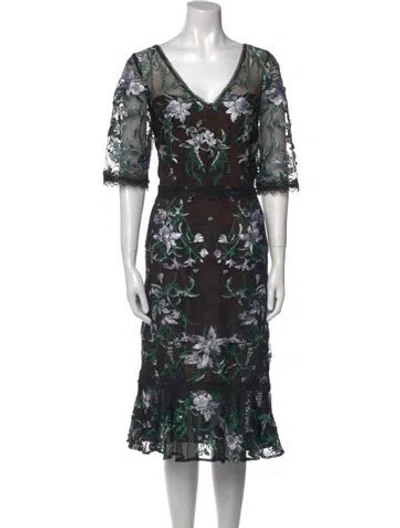 Pre-owned Marchesa Notte Floral Print Midi Length Dress In Black