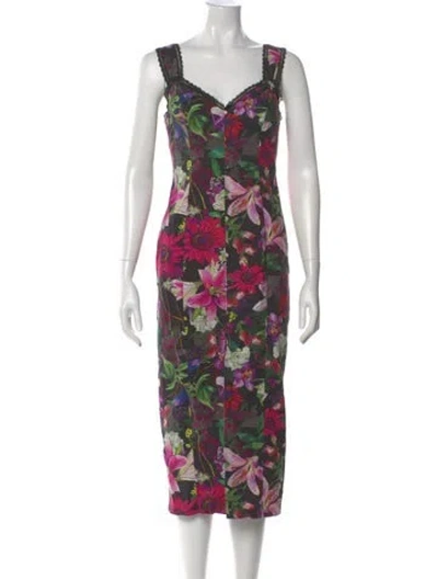 Pre-owned Marchesa Notte Floral Print Midi Length Dress In Black