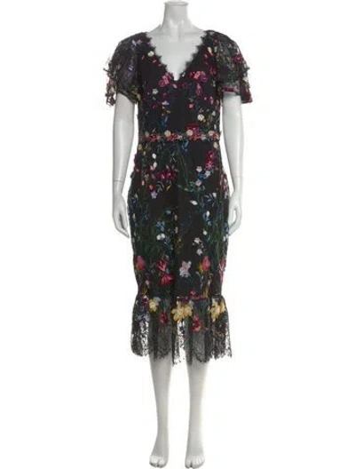 Pre-owned Marchesa Notte Floral Print Midi Length Dress In Black