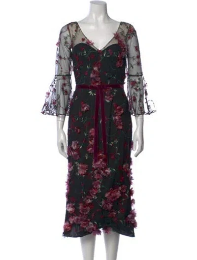 Pre-owned Marchesa Notte Floral Print Midi Length Dress In Black